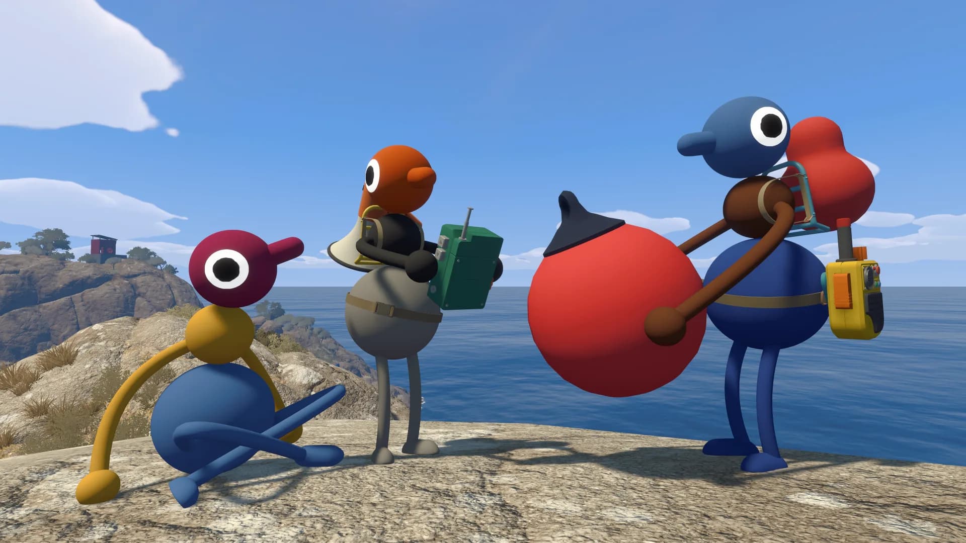 A group of friends carrying communication tools on a coastal cliff in Big Walk