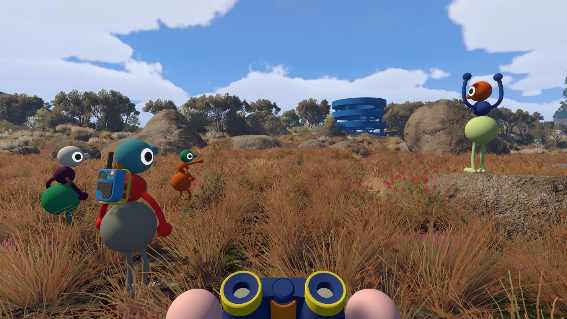 A Big Walk player using binoculars to survey the island